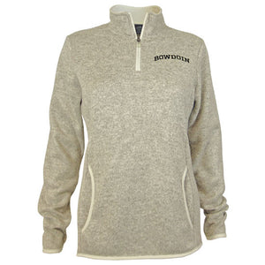 Oatmeal heathered fleece 1/4-zip pullover with black arched BOWDOIN embroidery on left chest.