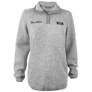 Heather grey women's sweater fleece pullover with snap placket. Black Bowdoin embroidery on right chest and L.L.Bean logo patch on left chest.