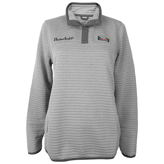 A women's gray quilted pullover with darker gray trim and snap closure. BOWDOIN is embroidered in black on the right chest, and there's a full-color L.L.Bean patch on the left chest.