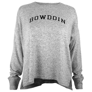 Women's relaxed heather grey knit sweater with arched BOWDOIN on chest in black with white outline.