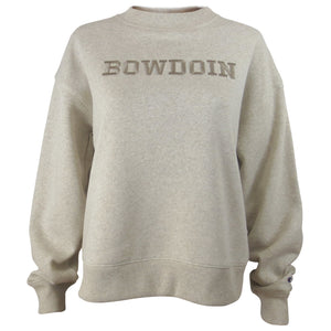 Women's loose-fit crew sweatshirt in tan heather with tan BOWDOIN embroidery on chest.