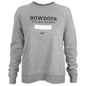 Women's gray crewneck sweatshirt with black imprint of BOWDOIN over POLAR BEARS with white outline, over a white rectangle, over a black Nike Swoosh.