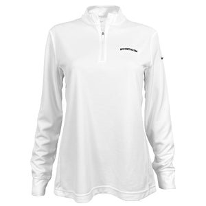 White 1/2 zip top with embroidered arched BOWDOIN on left chest in black.