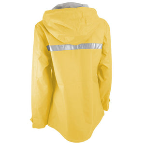 Back of butter yellow raincoat and silver reflective stripe across the upper back.