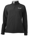 Women's black soft shell jacket with white Bowdoin embroidery on left chest.