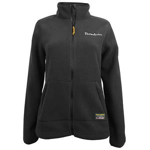 A women's black fleece full-zip jacket with a high collar and side pockets. There is a small BOWDOIN wordmark embroidered in white on the left chest, and an L.L.Bean patch sewn over the left pocket. The zipper pulls are made of L.L.Bean bootlaces.