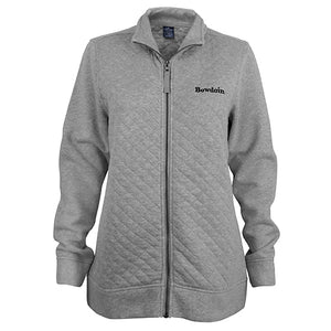 Heather gray quilted full-zip jacket with black BOWDOIN wordmark embroidered on left chest.