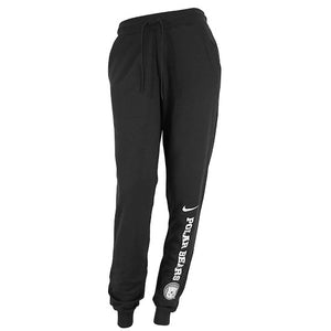 Black sweatpants with tapered legs and tight cuffs. On the lower left leg is a white Nike Swoosh over vertical POLAR BEARS over a Bowdoin polar bear medallion.