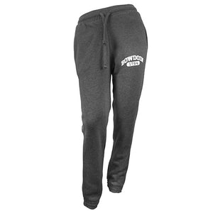 Women's charcoal grey sweatpants with white imprint on left thigh of BOWDOIN arched over 1794 inside a cartouche.