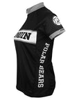 Side view of women's cycling jersey showing polar bear medallion on shoulders, POLAR BEARS on side.