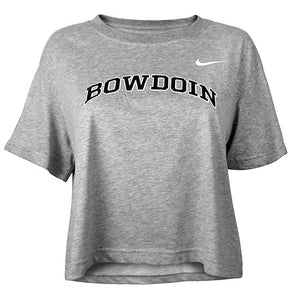 Women's short sleeved boxy cropped short sleeved tee in heather grey with white Nike Swoosh on left shoulder and arched BOWDOIN chest imprint in black with white stroke outline.