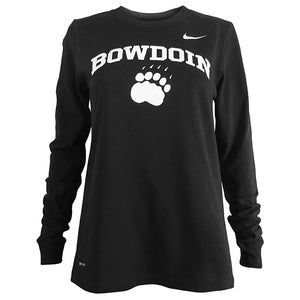 Women's relaxed fit black long-sleeved T-shirt with white imprint of BOWDOIN arched over a polar bear paw print. There is a small Nike Swoosh on the left shoulder of the shirt.