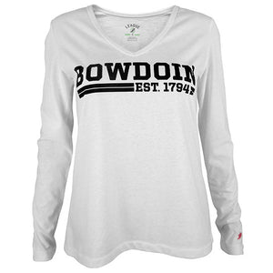 White v-neck long-sleeved shirt with black imprint of BOWDOIN over two stripes interrupted by EST. 1794.