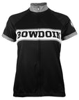 Women's black zip-up cycling jersey with BOWDOIN chest imprint.