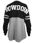 Women's long sleeved shirt with black top half and sleeves, and grey bottom. Grey stripes on sleeves, and large BOWDOIN print in white across shoulders.