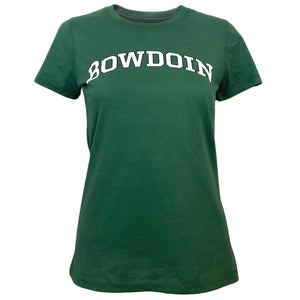 Women's hunter green short sleeved tee with white arched BOWDOIN with black outline on chest.