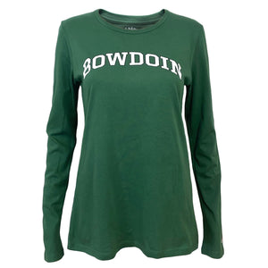 Women's hunter green long-sleeved tee with white arched BOWDOIN chest imprint with black outline.
