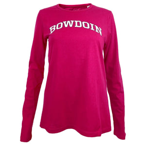 Women's hot pink long-sleeved tee with white arched BOWDOIN chest imprint with black outline.