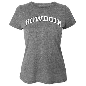 Women's heather grey short sleeved tee with arched BOWDOIN imprint on chest in white with black stroke outline.