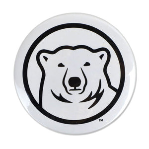 White round magnet with mascot medallion imprint.