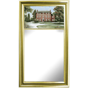 Rectangular mirror with gold frame. Top has a color print of a drawing of Mass hall.
