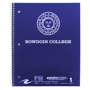 Navy spiral bound notebook with white imprint of Bowdoin sun seal over BOWDOIN COLLEGE.