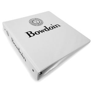 White 3-ring binder with black imprint of Bowdoin seal over Bowdoin wordmark on front, and Bowdoin seal beside Bowdoin wordmark on spine.