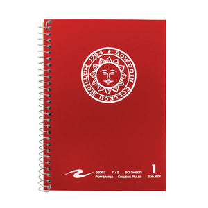 Red spiral notebook with white Bowdoin College seal on front cover.