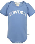 The front of a blue diaper shirt with the word BOWDOIN imprinted in an arch on the chest in white.