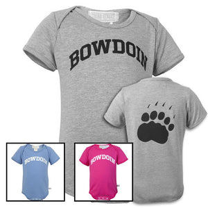 Photo showing 3 Bowdoin baby diaper shirts in gray, blue, and pink. There is also a shot of the back of the gray shirt showing a paw print.