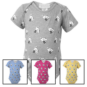 Montage of four Bowdoin diaper shirts with all-over mascot print.