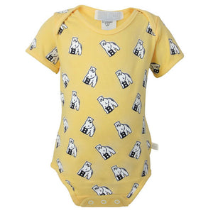 Butter yellow diaper shirt with all-over Bowdoin mascot print.