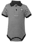Diaper shirt with black trim and black polo collar with black and white stripes and an embroidered Bowdoin polar bear mascot medallion patch on the left chest.