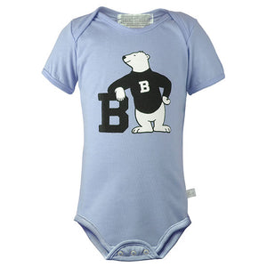 Pastel blue diaper shirt with large chest imprint of cartoon polar bear wearing a black B sweater, leaning on a large black B.