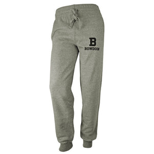 Front view of gray sweatpants with black imprint of B over BOWDOIN on left thigh.