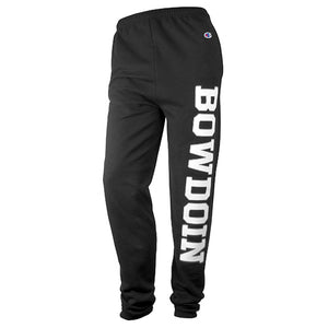 Black sweatpants with large BOWDOIN imprint in white with silver outline on left leg.