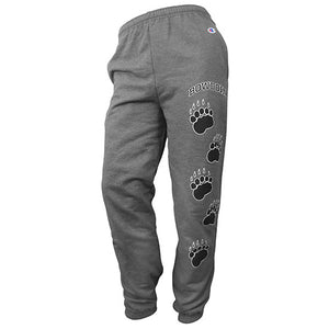 Charcoal heather sweatpants with elastic waist and cuffs. Left leg has an imprint of arched BOWDOIN over a line of 5 paw prints, in black outlined with white.