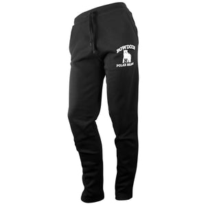 Black slim-fit sweatpants with white imprint on left thigh of BOWDOIN arched over a polar bear over POLAR BEARS