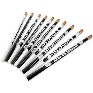 10 unsharpened pencils. Half are black with white imprints, half are white with black imprints. Imprint is BOWDOIN flanked by a paw print on each side. Pink erasers on each pencil.