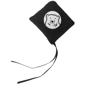 Square cat toy with white mascot medallion imprint and two tantalizing black ribbon danglies.