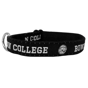 Black cat collar with repeating BOWDOIN COLLEGE and mascot medallion decoration in white.