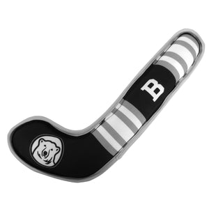 Black toy hockey stick with grey piping, grey and white stripes, Bowdoin mascot medallion and B decoration in white.