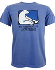 FloBlue short-sleeved T-shirt with picture of a polar bear sitting against the side of a rectangle with a blue background. Text beneath reads THE PEARY-MACMILLAN ARCTIC MUSEUM, BOWDOIN COLLEGE, BRUNSWICK, MAINE