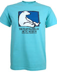Lagoon blue short-sleeved T-shirt with picture of a polar bear sitting against the side of a rectangle with a blue background. Text beneath reads THE PEARY-MACMILLAN ARCTIC MUSEUM, BOWDOIN COLLEGE, BRUNSWICK, MAINE