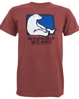 Faded red short-sleeved T-shirt with picture of a polar bear sitting against the side of a rectangle with a blue background. Text beneath reads THE PEARY-MACMILLAN ARCTIC MUSEUM, BOWDOIN COLLEGE, BRUNSWICK, MAINE