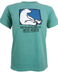 Seafoam green short-sleeved T-shirt with picture of a polar bear sitting against the side of a rectangle with a blue background. Text beneath reads THE PEARY-MACMILLAN ARCTIC MUSEUM, BOWDOIN COLLEGE, BRUNSWICK, MAINE