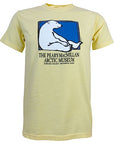 Pale yellow short-sleeved T-shirt with picture of a polar bear sitting against the side of a rectangle with a blue background. Text beneath reads THE PEARY-MACMILLAN ARCTIC MUSEUM, BOWDOIN COLLEGE, BRUNSWICK, MAINE
