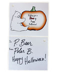 Two sides of Bowdoin Halloween card showing a polar bear hugging a pumpkin with the text "Wishing you a Bear-y Happy Halloween!" The reverse has the To and From, with handwritten to P. Bear from Polar B. Happy Halloween!