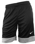 Men's basketball shorts in black with contrast hem in silver grey, white piping between black and grey fabric. White Nike Swoosh on black fabric of lower right leg.