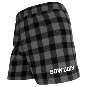 Black and grey buffalo check plaid with white BOWDOIN imprint with black stroke outline on left leg.